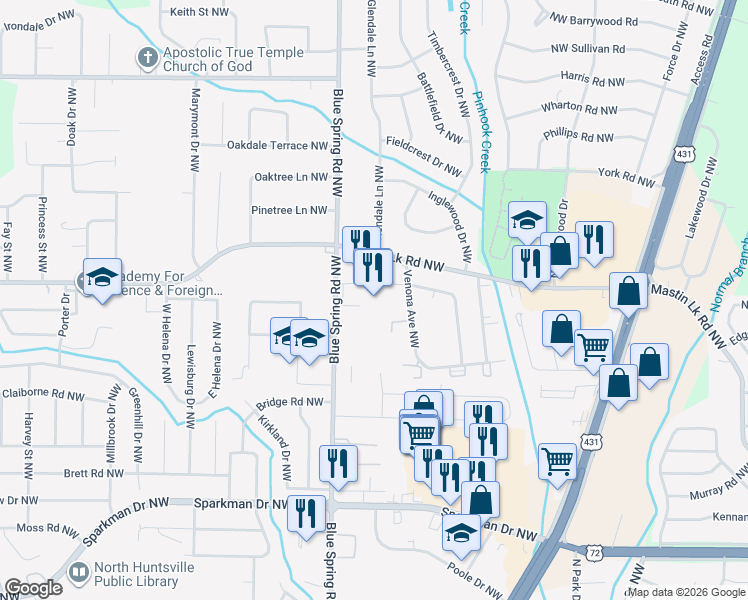 map of restaurants, bars, coffee shops, grocery stores, and more near 3700 Blue Spring Road Northwest in Huntsville