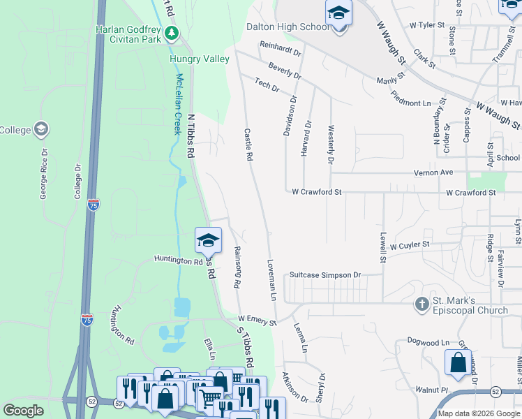 map of restaurants, bars, coffee shops, grocery stores, and more near 106 Castle Road in Dalton
