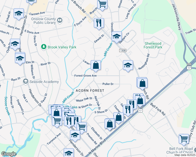 map of restaurants, bars, coffee shops, grocery stores, and more near 117 Summersill Drive in Jacksonville