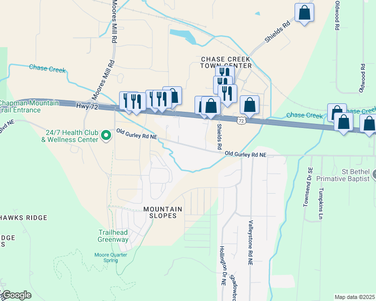 map of restaurants, bars, coffee shops, grocery stores, and more near 303 Old Gurley Road Northeast in Huntsville