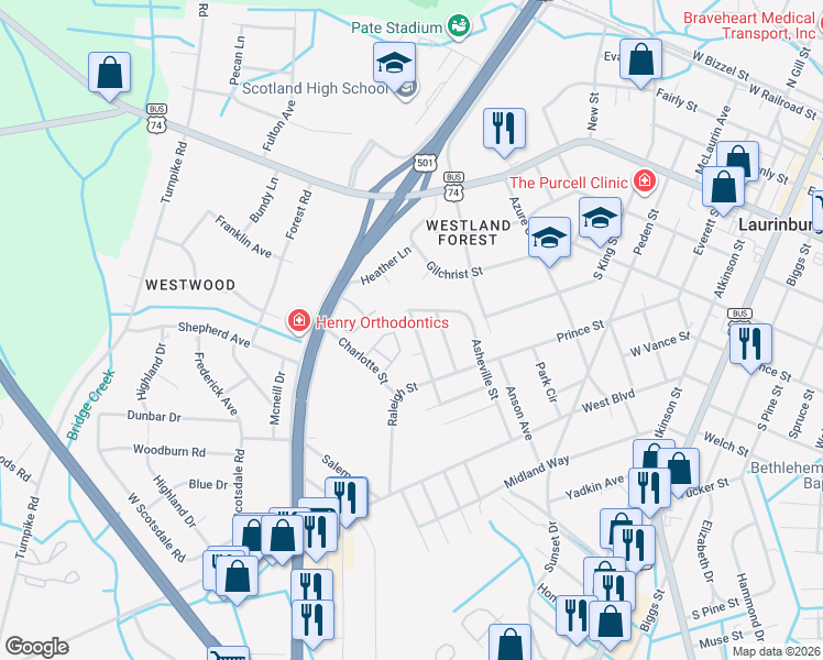 map of restaurants, bars, coffee shops, grocery stores, and more near 505 Wilmington Street in Laurinburg
