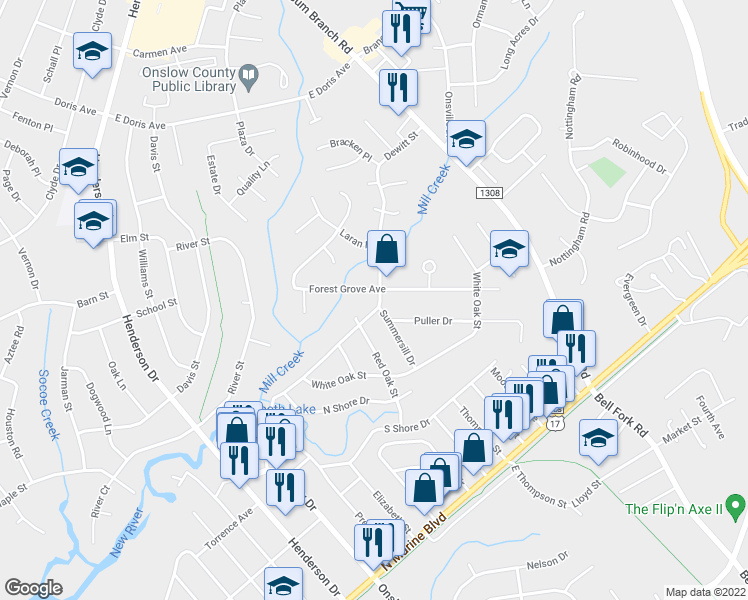map of restaurants, bars, coffee shops, grocery stores, and more near 117 Summersill Drive in Jacksonville