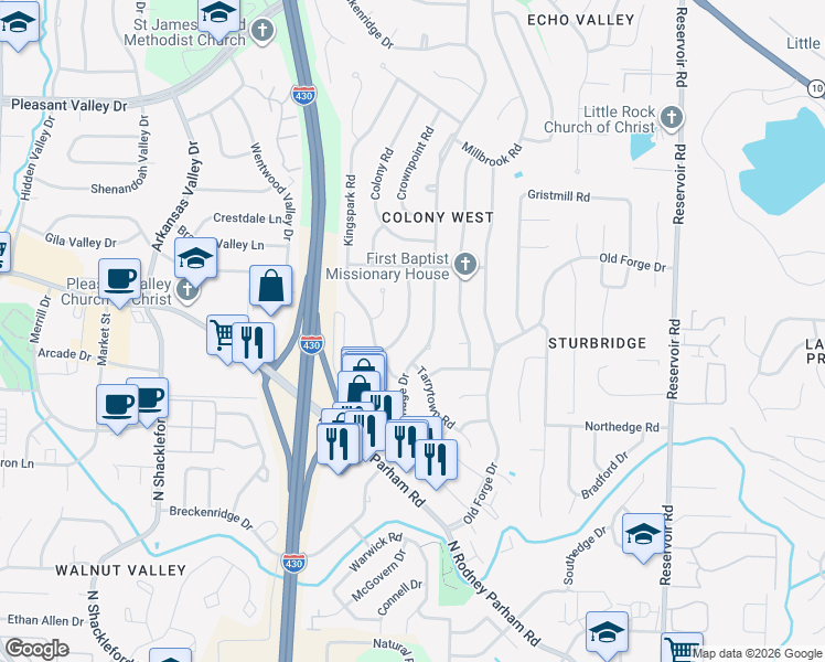 map of restaurants, bars, coffee shops, grocery stores, and more near 5 Queenspark Road in Little Rock