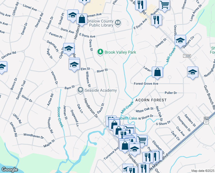 map of restaurants, bars, coffee shops, grocery stores, and more near 1203 Davis Street in Jacksonville