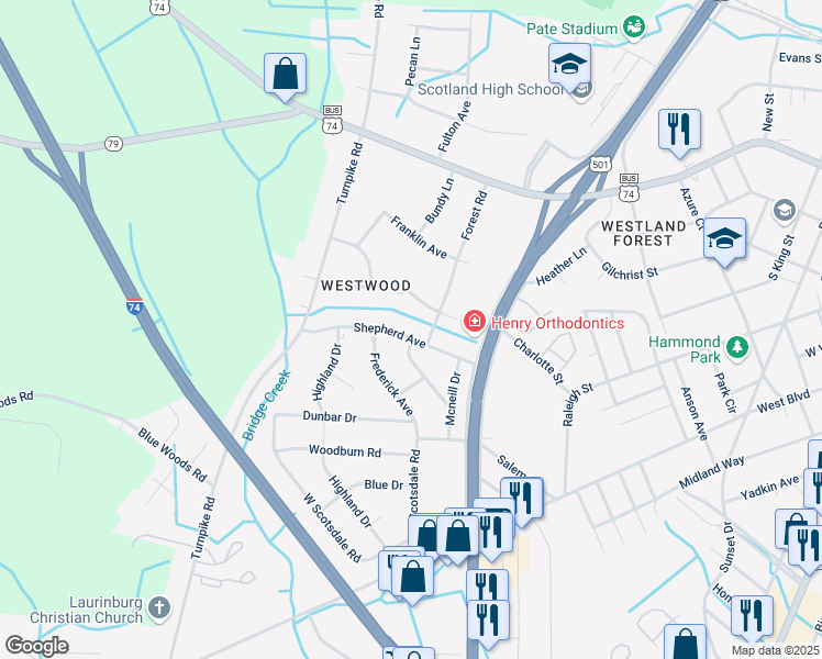map of restaurants, bars, coffee shops, grocery stores, and more near 1202 Shepherd Avenue in Laurinburg