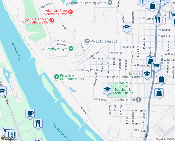 map of restaurants, bars, coffee shops, grocery stores, and more near 2123 West 16th Street in North Little Rock