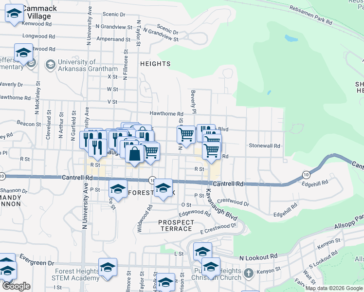map of restaurants, bars, coffee shops, grocery stores, and more near 5301 Kavanaugh Boulevard in Little Rock