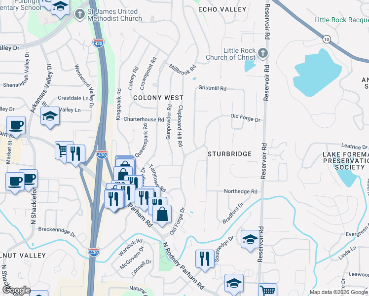 map of restaurants, bars, coffee shops, grocery stores, and more near 1812 Gunpowder Road in Little Rock