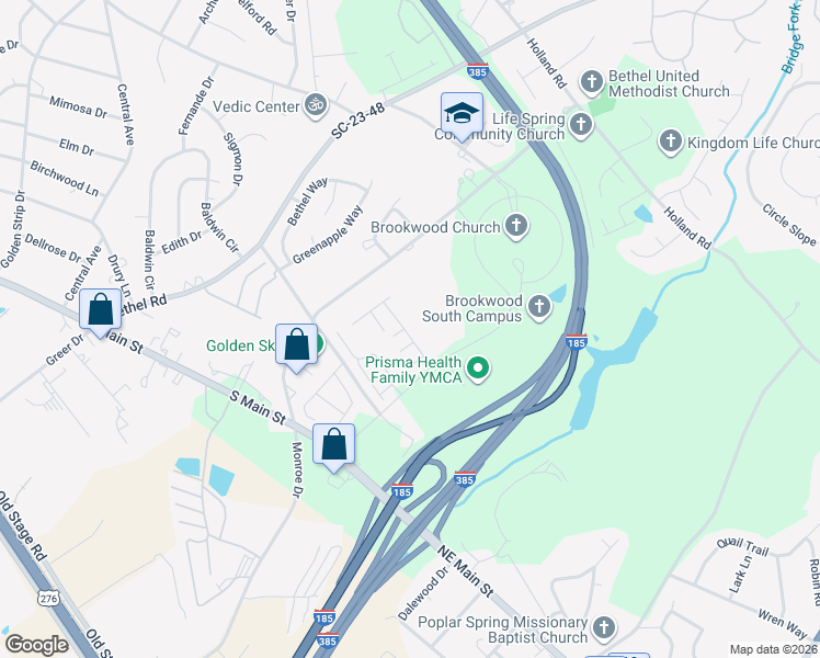 map of restaurants, bars, coffee shops, grocery stores, and more near 36 Bay Springs Drive in Simpsonville