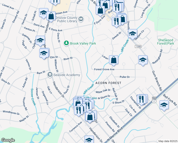 map of restaurants, bars, coffee shops, grocery stores, and more near 322 Forest Grove Avenue in Jacksonville