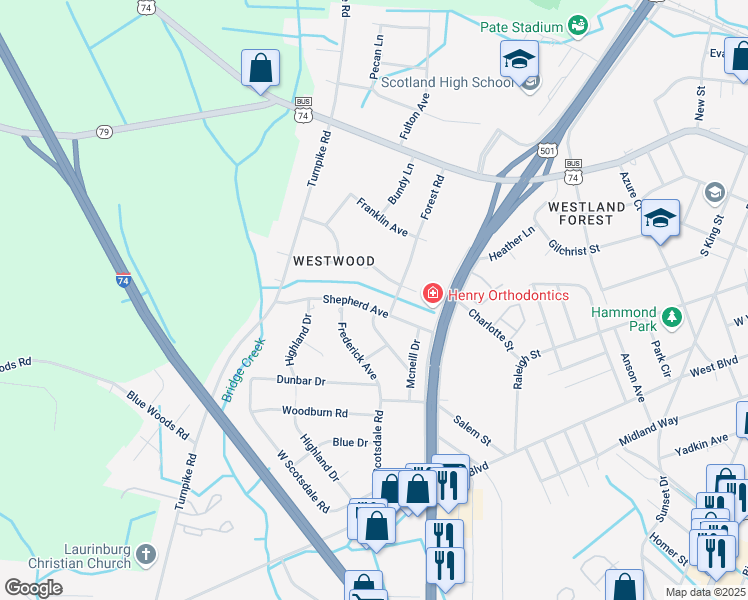 map of restaurants, bars, coffee shops, grocery stores, and more near 1202 Shepherd Avenue in Laurinburg