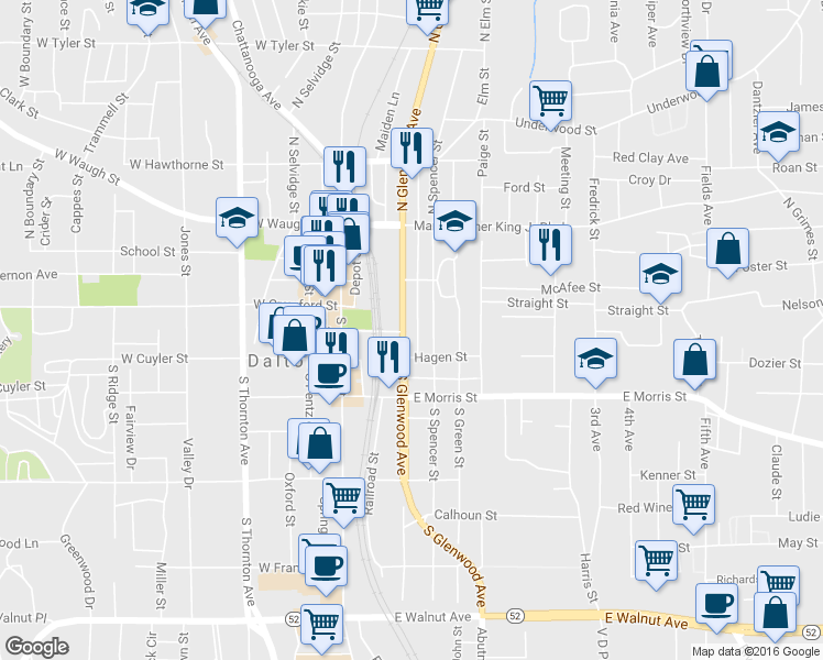 map of restaurants, bars, coffee shops, grocery stores, and more near 101 South Glenwood Avenue in Dalton