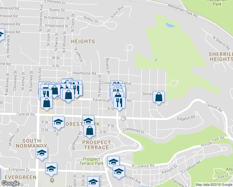 map of restaurants, bars, coffee shops, grocery stores, and more near 5101 Stonewall Road in Little Rock