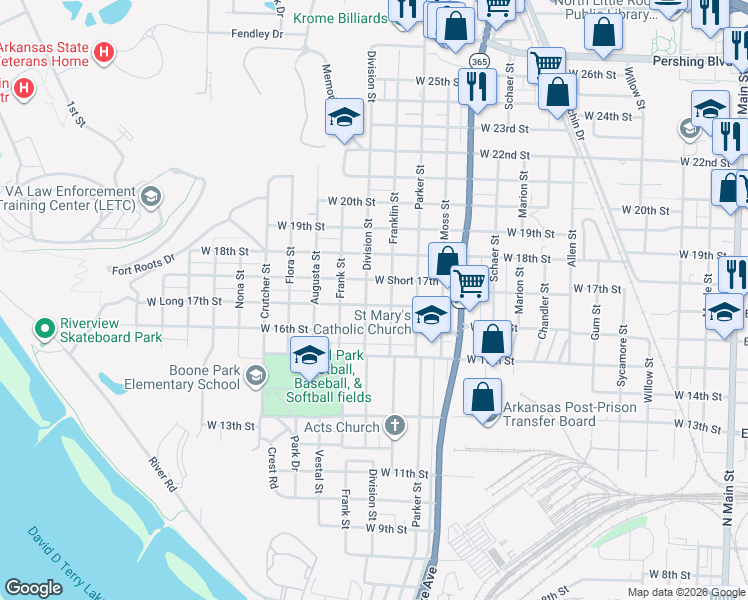 map of restaurants, bars, coffee shops, grocery stores, and more near 1500 West Short 17th Street in North Little Rock