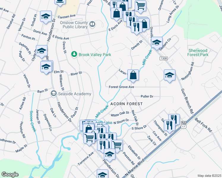 map of restaurants, bars, coffee shops, grocery stores, and more near 326 Forest Grove Avenue in Jacksonville
