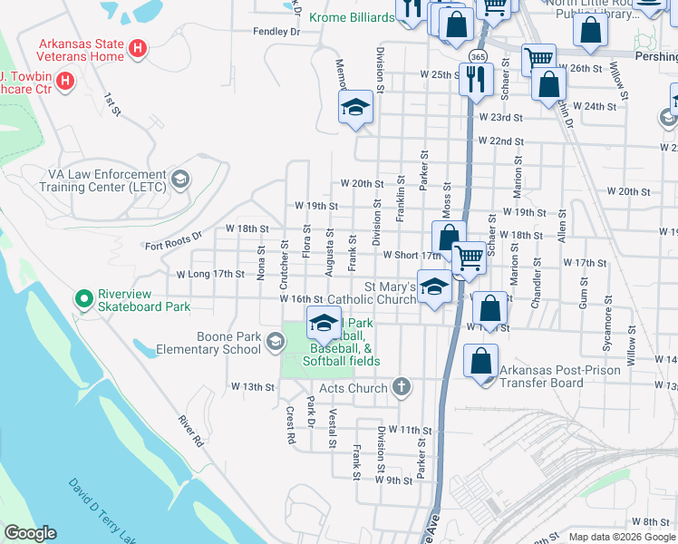 map of restaurants, bars, coffee shops, grocery stores, and more near 1611 West Long 17th Street in North Little Rock
