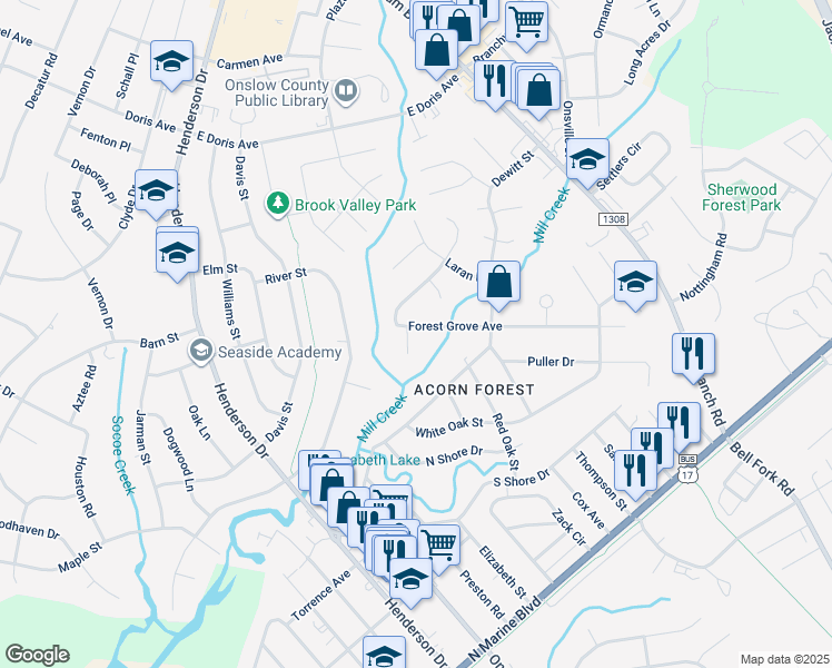 map of restaurants, bars, coffee shops, grocery stores, and more near 326 Forest Grove Avenue in Jacksonville