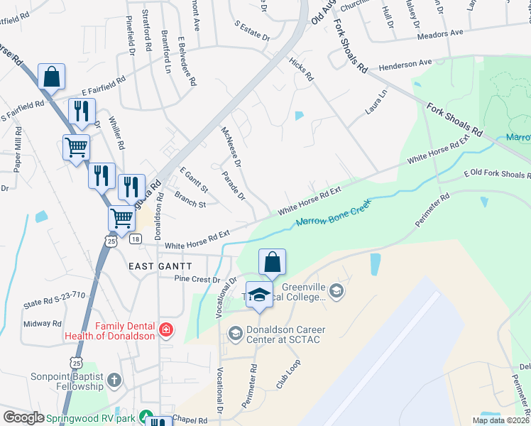 map of restaurants, bars, coffee shops, grocery stores, and more near 180 McNeese Drive in Greenville