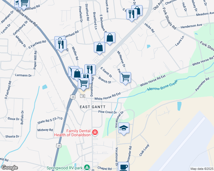 map of restaurants, bars, coffee shops, grocery stores, and more near 6A Branch Street in Greenville