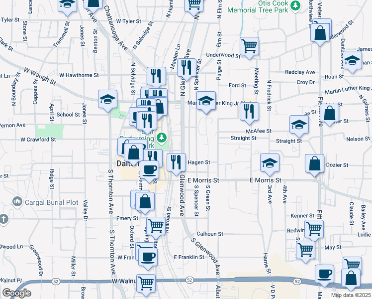 map of restaurants, bars, coffee shops, grocery stores, and more near 101 South Glenwood Avenue in Dalton