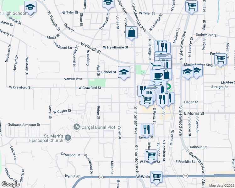 map of restaurants, bars, coffee shops, grocery stores, and more near 417 West Crawford Street in Dalton