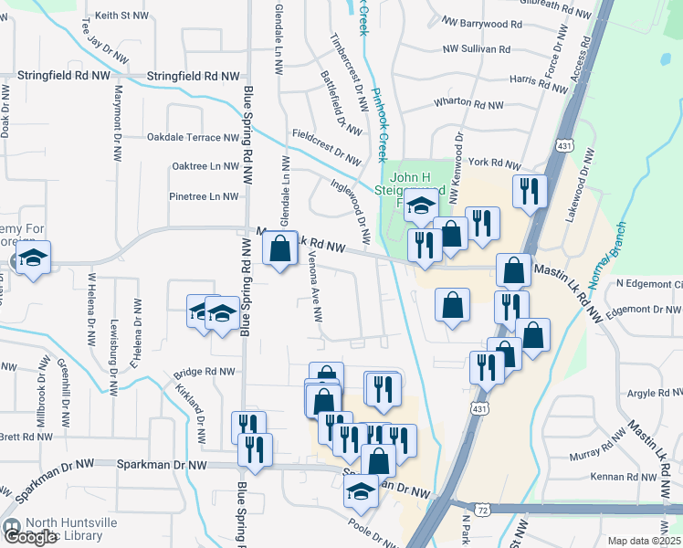 map of restaurants, bars, coffee shops, grocery stores, and more near 2415 Mastin Lake Road Northeast in Huntsville