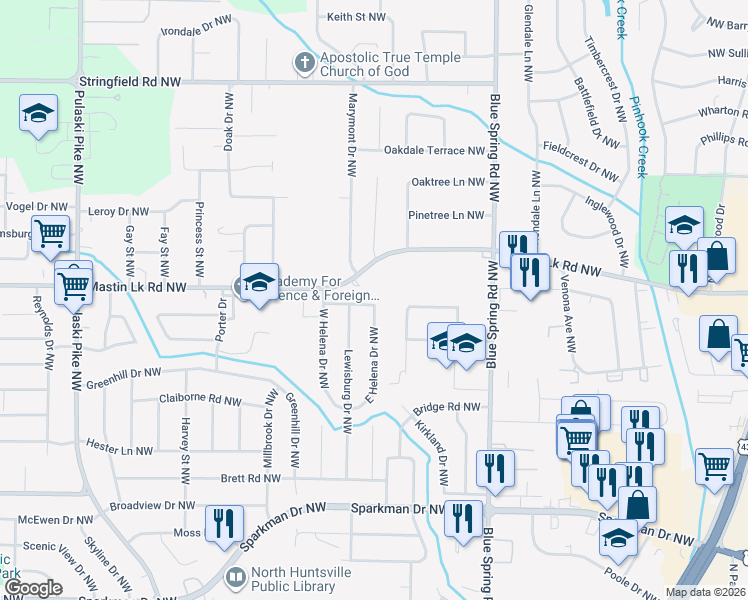 map of restaurants, bars, coffee shops, grocery stores, and more near 2813 Mastin Lake Road Northeast in Huntsville