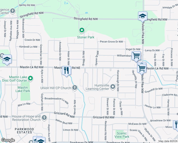 map of restaurants, bars, coffee shops, grocery stores, and more near 3501 Lois Lane Northwest in Huntsville
