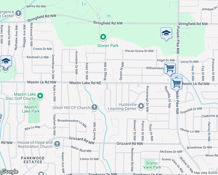 map of restaurants, bars, coffee shops, grocery stores, and more near 3501 Lois Lane Northwest in Huntsville