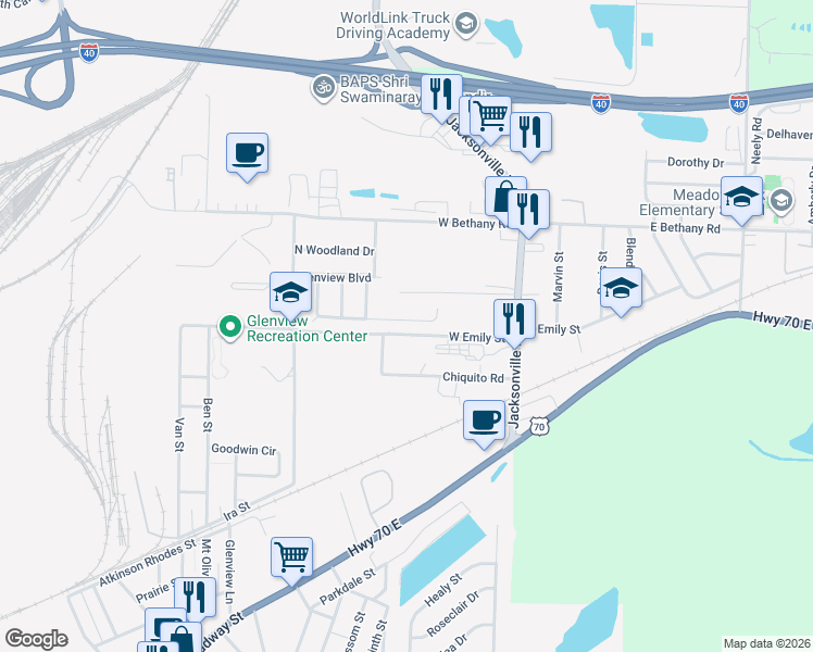 map of restaurants, bars, coffee shops, grocery stores, and more near 5215 South Woodland Drive in North Little Rock