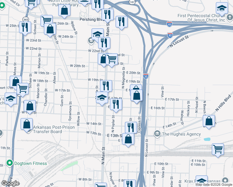 map of restaurants, bars, coffee shops, grocery stores, and more near 217 East 18th Street in North Little Rock