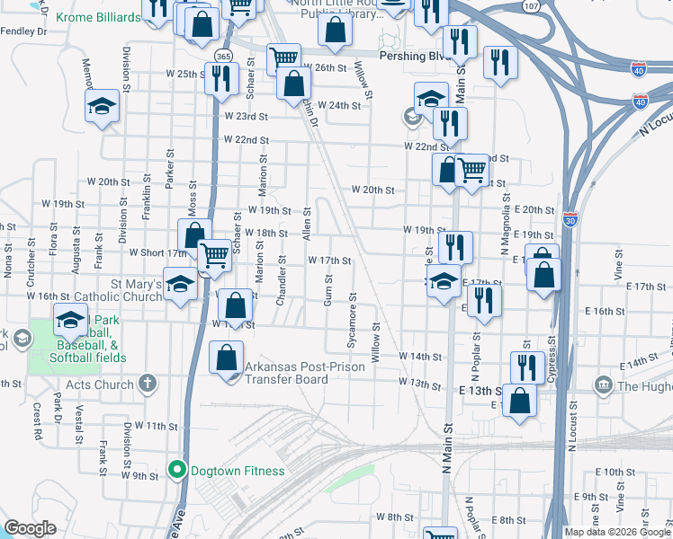 map of restaurants, bars, coffee shops, grocery stores, and more near 515 West 17th Street in North Little Rock