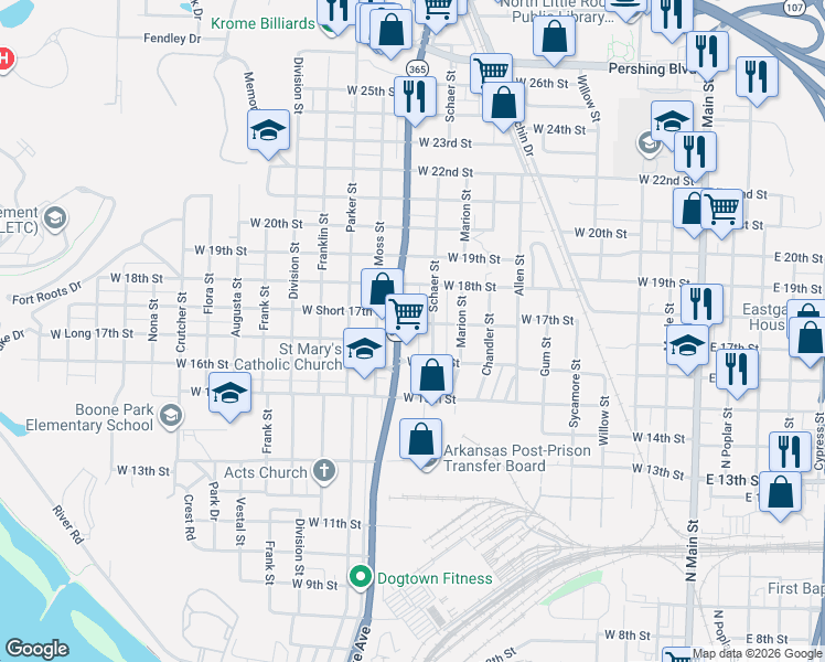 map of restaurants, bars, coffee shops, grocery stores, and more near 1704 Pike Avenue in North Little Rock