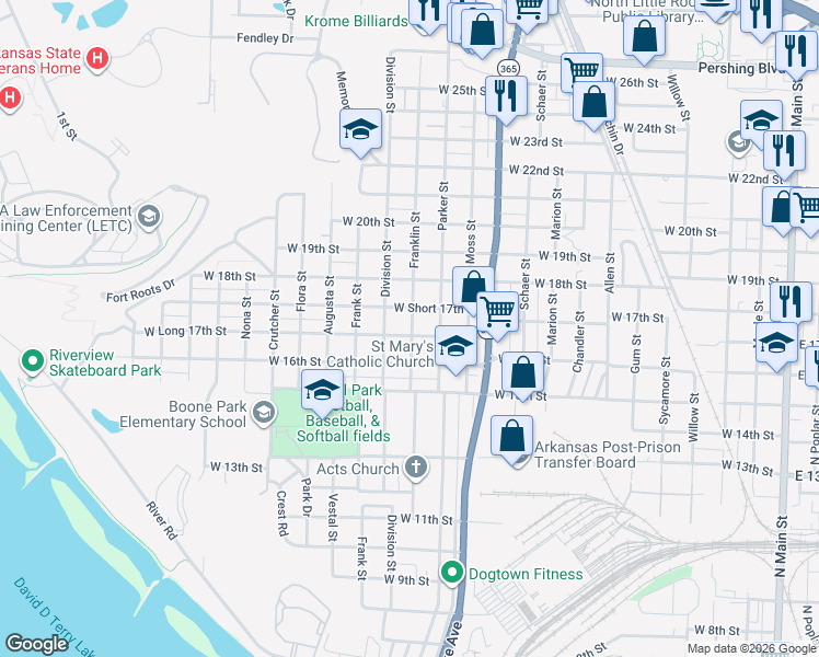 map of restaurants, bars, coffee shops, grocery stores, and more near 1724 Franklin Street in North Little Rock