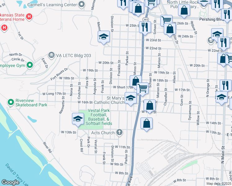 map of restaurants, bars, coffee shops, grocery stores, and more near 1724 Franklin Street in North Little Rock