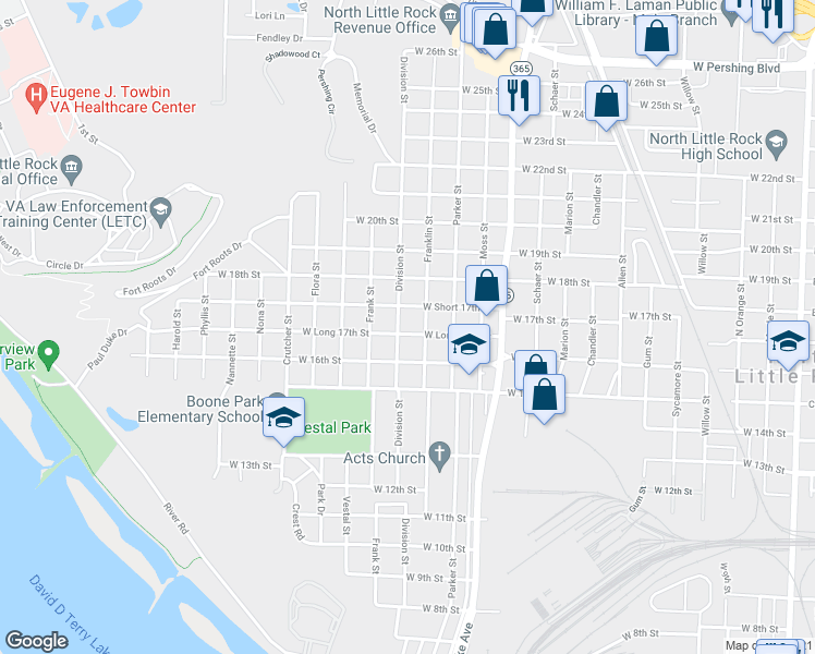 map of restaurants, bars, coffee shops, grocery stores, and more near 1500 West Short 17th Street in North Little Rock