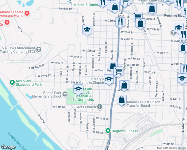 map of restaurants, bars, coffee shops, grocery stores, and more near 1500 West Short 17th Street in North Little Rock