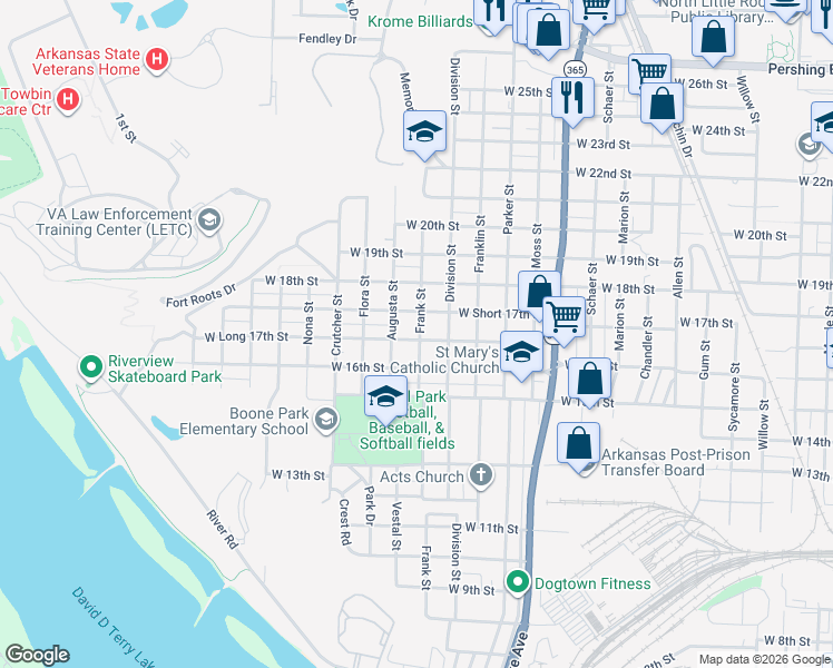 map of restaurants, bars, coffee shops, grocery stores, and more near 1608 West Short 17th Street in North Little Rock