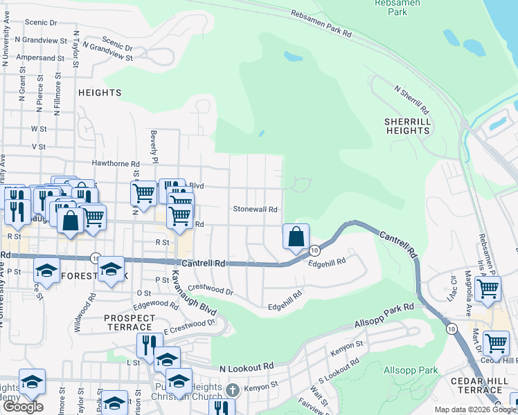 map of restaurants, bars, coffee shops, grocery stores, and more near 4411 Country Club Boulevard in Little Rock