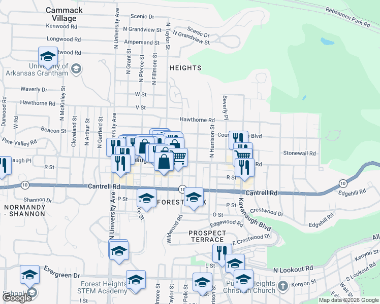 map of restaurants, bars, coffee shops, grocery stores, and more near 5410 Stonewall Road in Little Rock
