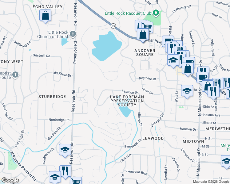 map of restaurants, bars, coffee shops, grocery stores, and more near 8614 Leatrice Drive in Little Rock