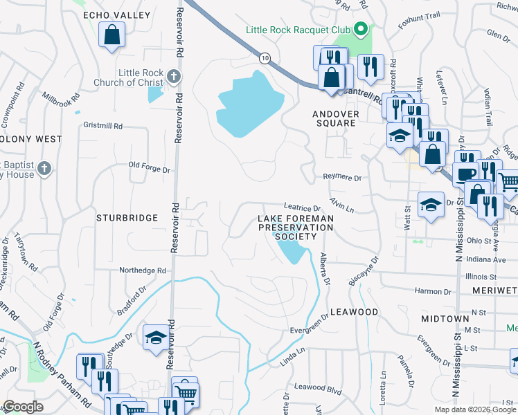map of restaurants, bars, coffee shops, grocery stores, and more near 8614 Leatrice Drive in Little Rock