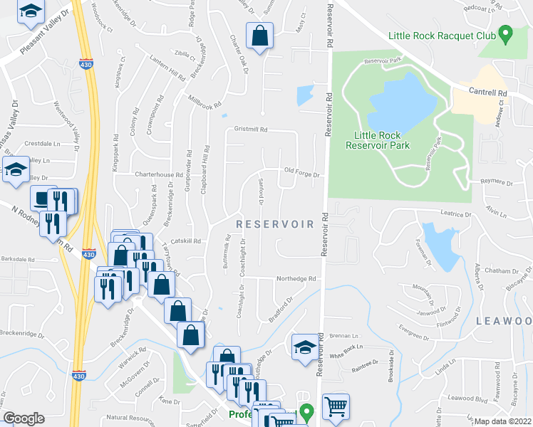 map of restaurants, bars, coffee shops, grocery stores, and more near 6 Ludington Cove in Little Rock