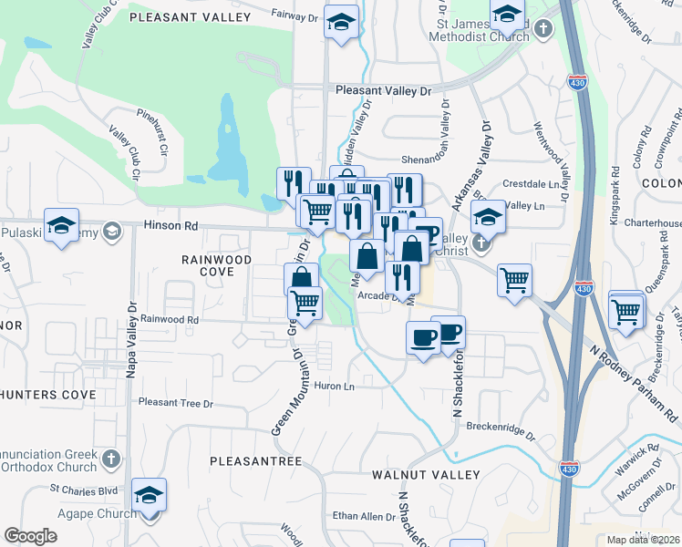 map of restaurants, bars, coffee shops, grocery stores, and more near 50 Hampshire Circle in Little Rock