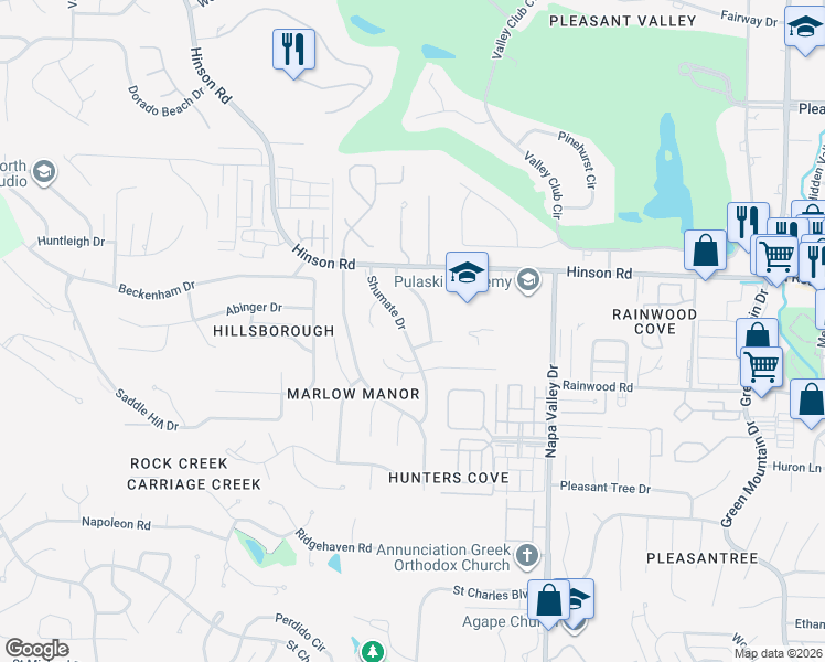 map of restaurants, bars, coffee shops, grocery stores, and more near 1804 Martha Drive in Little Rock