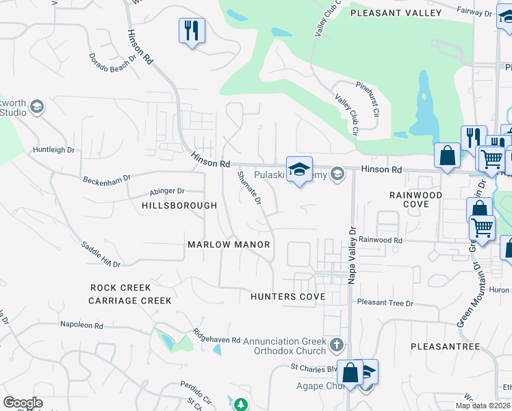 map of restaurants, bars, coffee shops, grocery stores, and more near 1902 Shumate Drive in Little Rock