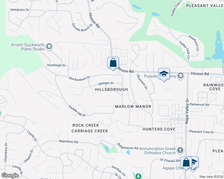 map of restaurants, bars, coffee shops, grocery stores, and more near 13409 Abinger Drive in Little Rock