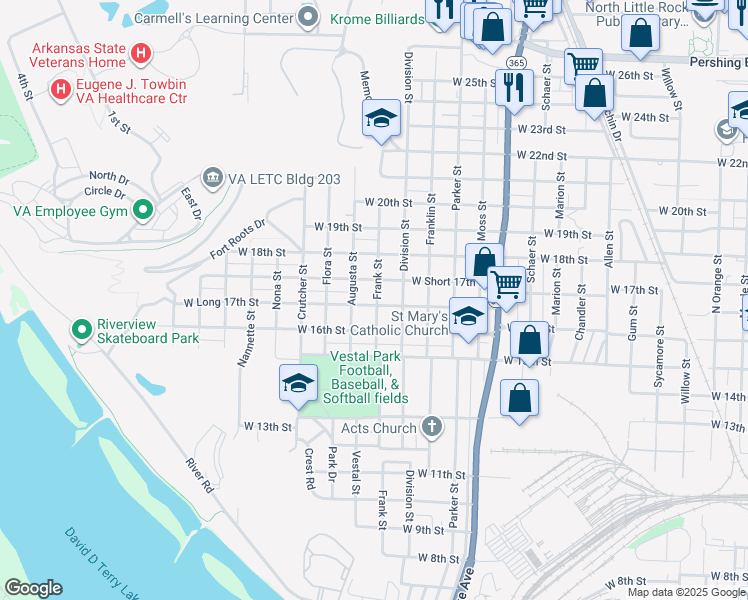 map of restaurants, bars, coffee shops, grocery stores, and more near 1601 West Long 17th Street in North Little Rock