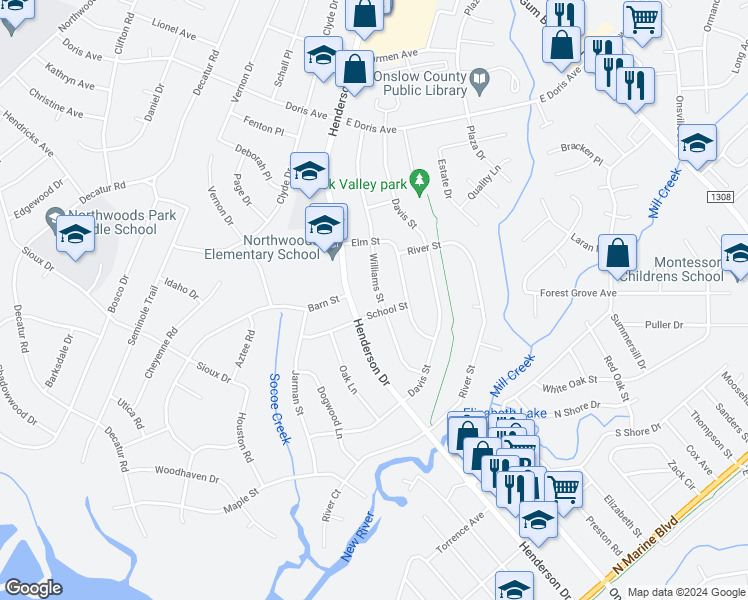 map of restaurants, bars, coffee shops, grocery stores, and more near 603 Williams Street in Jacksonville