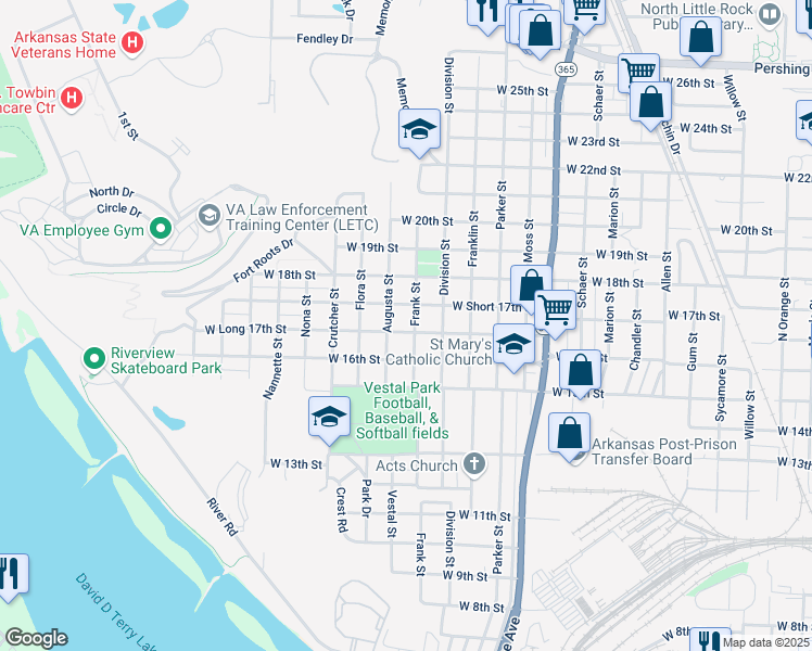 map of restaurants, bars, coffee shops, grocery stores, and more near 1603 West Long 17th Street in North Little Rock
